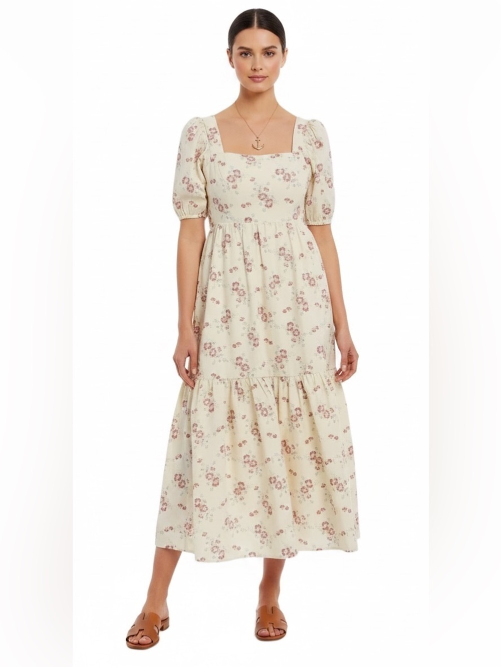WAYF Whisper MIDI DRESS Square Neck PUFF SLEEVE Tie Back FLORAL IVORY Sz S BOHO